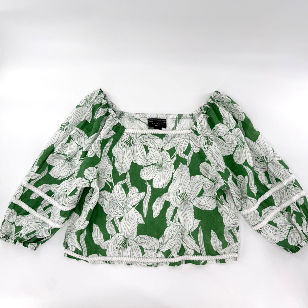 Tahari Linen Floral Blouse Womens Medium Green White Square Neck Crochet Trim L